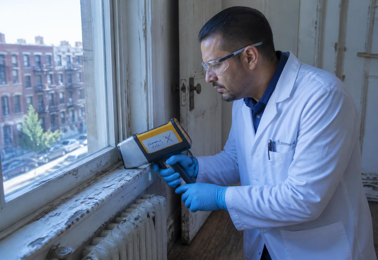 EPA-licensed PES inspector using a handheld XRF lead paint analyzer on a painted window sill in a pre-war Bronx apartment building